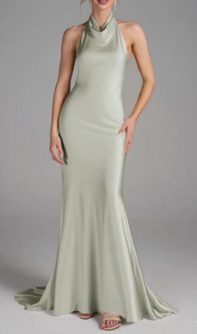 AW BRIDAL SZ 8 M sage green satin charmeuse Ellie formal maxi dress NEW B56